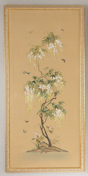 Chelsea House Flowering Hand-Painted Watercolor On Silk Panel In Gold Frame — Botanical Elegance 65"X31.5" 380271