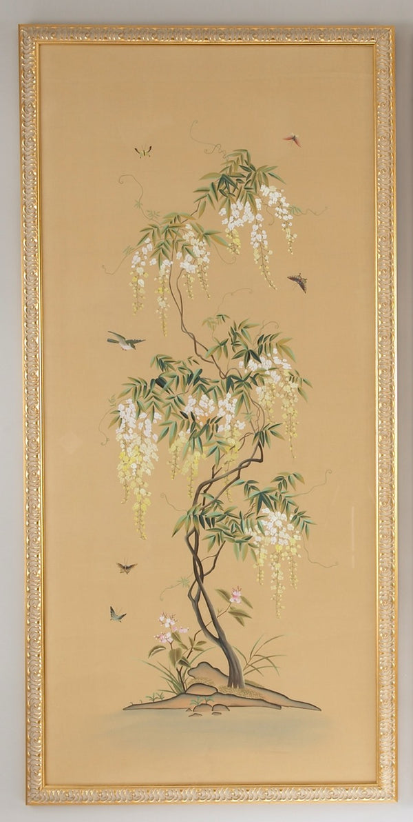 Chelsea House Flowering Hand-Painted Watercolor On Silk Panel In Gold Frame — Botanical Elegance 65"X31.5" 380271