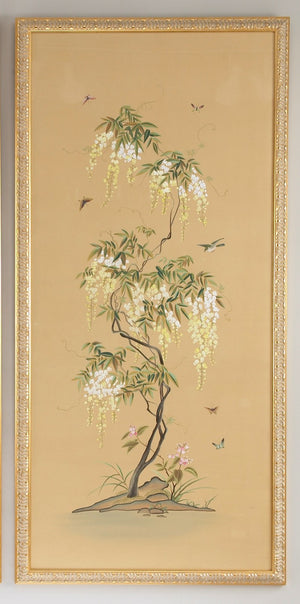 Chelsea House Flowering Hand-Painted Watercolor On Silk Panel In Gold Frame With Glass — 65" X 31.5" Vertical Art Piece 380272