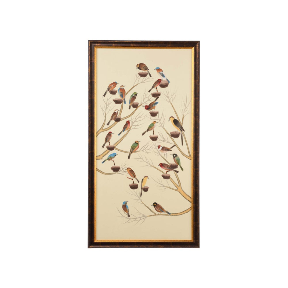 Chelsea House Small Aviary Vintage Hand-Painted Watercolor On Silk In Antique Gold-Brown Frame, 60" H X 32.5" W 380273