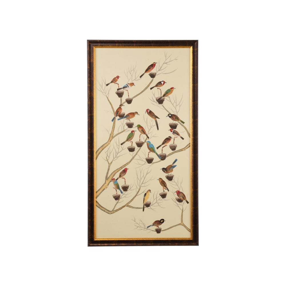 Chelsea House Small Aviary Hand-Painted Watercolor On Silk In Antique Gold Frame — Vintage Avian Art For Walls 380274