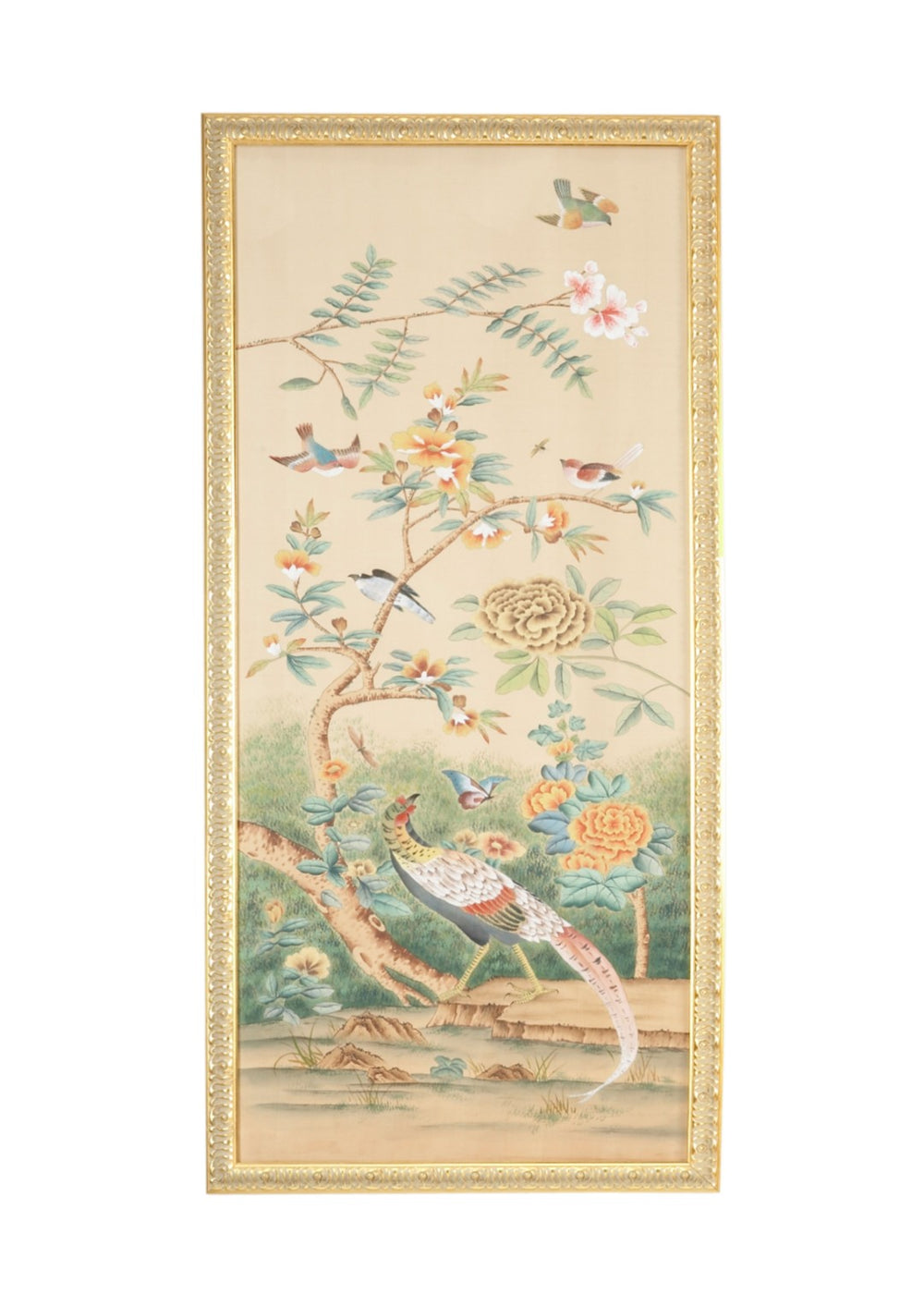 Chelsea House Volatili Hand-Painted Silk Watercolor Panel A — Gold Framed Glass Glazed 56.5"X27" Ready-To-Hang 380275