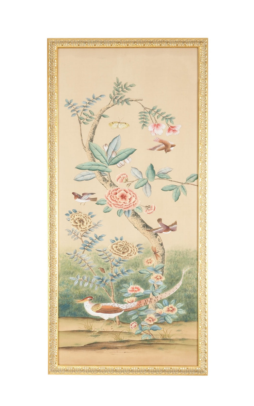 Chelsea House Volatili Panel - B: Original Hand-Painted Watercolor On Silk In Gold Frame, Glass Glazed, 56.5"X27" 380276