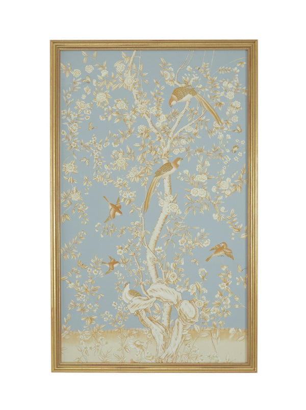 Chelsea House Phila Hand-Painted Watercolor On Silk Panel In Soothing Blues, Gold Frame, Gallery-Ready 64X40 380279