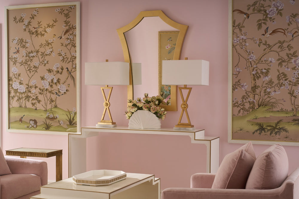 Chelsea House Edgedale Hand-Painted Peach Watercolor On Silk 70"X46" In White Frame With Gold Edge, Glass Protected 380282