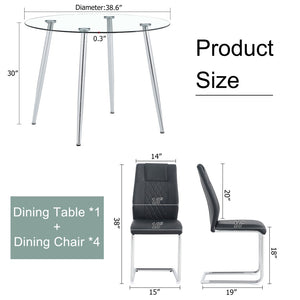 English Elm Table And Chair Set - Modern 38.6" Round Glass Dining Table With 4 Stylish Pu Chairs - Silver Legs W1151S03825-GIGA
