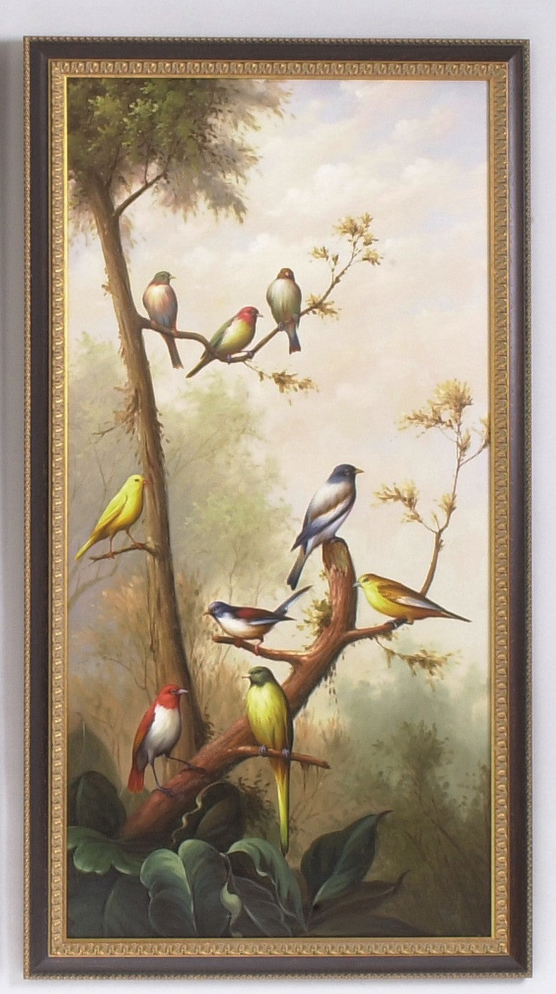 Chelsea House Song Birds Hand-Painted Oil Songbird Pair In Black & Gold Frame With Glass — 52.5"X28.5" Ready-To-Hang 380311
