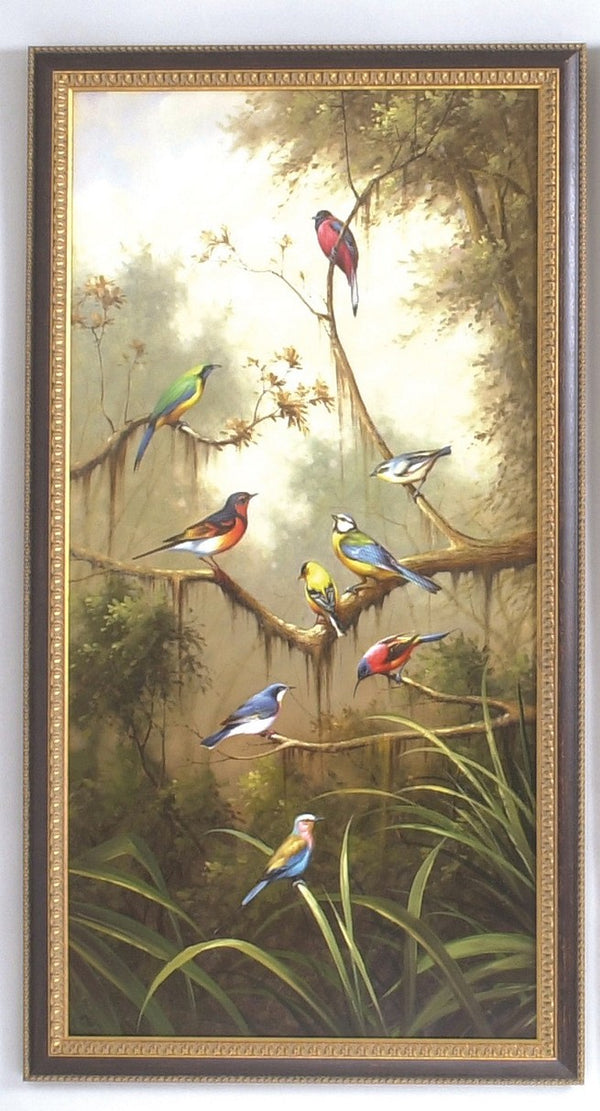 Chelsea House Song Song Birds Hand-Painted Oil On Canvas — Elegant Black & Gold Framed Songbird Art 52.5X28.5" 380312
