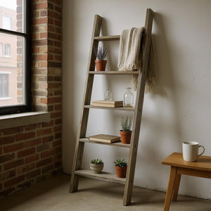 HomeRoots 60" Rustic Five-Step Ladder Shelf - Handcrafted Reclaimed Wood Display for Eco-Friendly Home Décor 380325