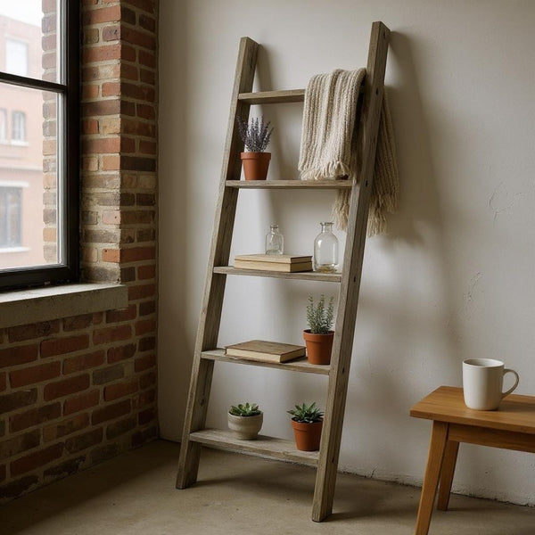 HomeRoots 60" Rustic Five-Step Ladder Shelf - Handcrafted Reclaimed Wood Display for Eco-Friendly Home Décor 380325