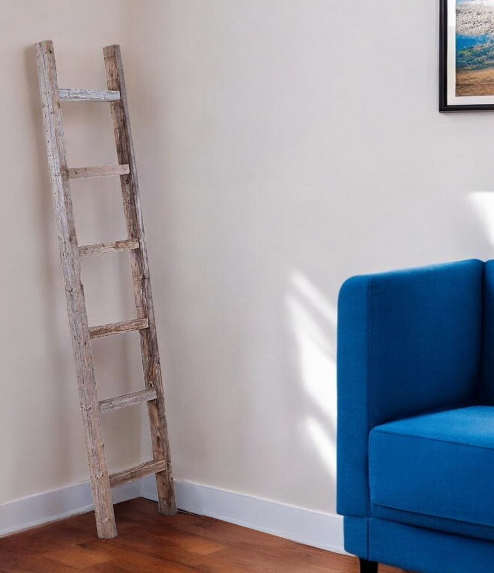HomeRoots 72" Rustic Seven-Step Wood Ladder Shelf - Eco-Friendly, Handcrafted Display for Any Room's Charm! 380332