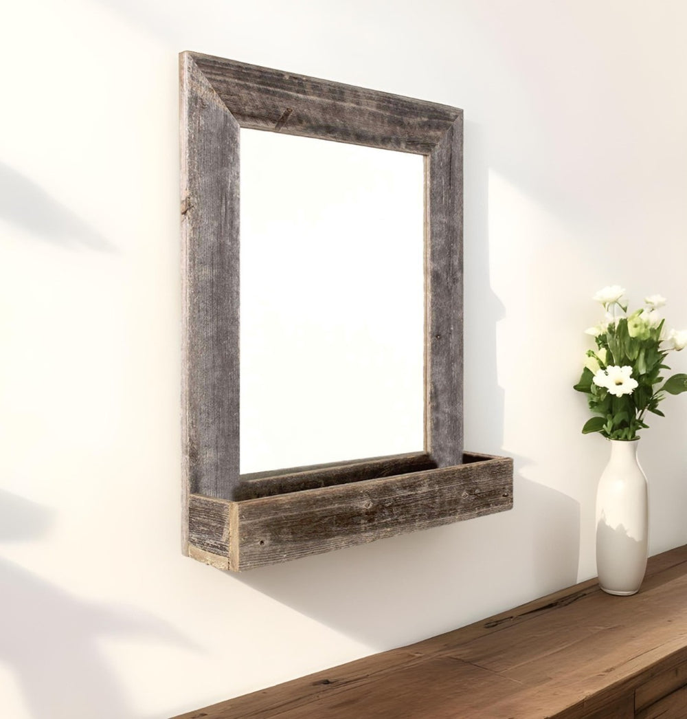 HomeRoots Rustic Wall Mirror with Shelf - Weathered Gray Reclaimed Wood Decor for Vintage Farmhouse Style 380345