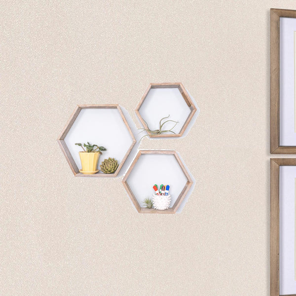 Homeroots Set Of 3 Hexagon Rustic Natural Weathered Grey Wood Open Box Shelve  Wood 380354