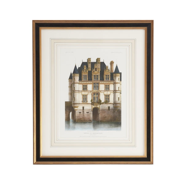 Chelsea House Chateau Lithograph Print With Black & Gold Frame, French Mat, Glass Protection — Elegant 26"X22" DéCor 380367