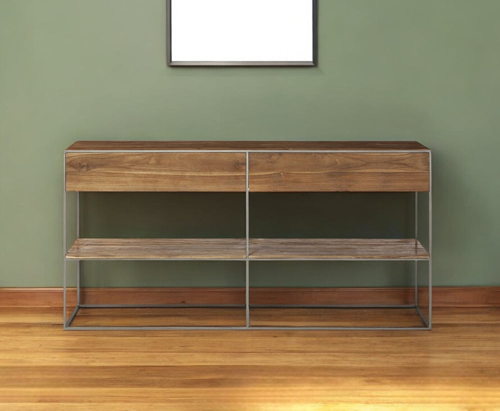 HomeRoots 63" Brown Solid Wood Sideboard - Modern Two-Drawer Storage Solution for Stylish Home Organization 380384