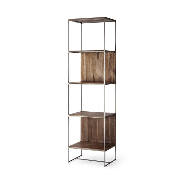 Homeroots Brown Wood And Silver Metal Frame With 4 Shelf Shelving Unit   380385