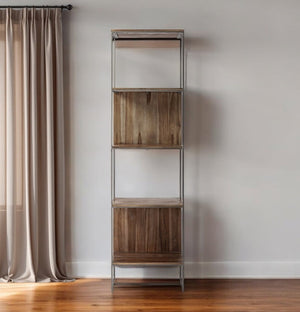HomeRoots 71" Brown and Silver Metal-Wood Bookcase - Stylish Four-Tier Storage for Modern Living Spaces 380385