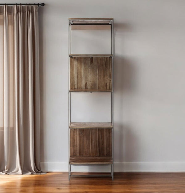HomeRoots 71" Brown and Silver Metal-Wood Bookcase - Stylish Four-Tier Storage for Modern Living Spaces 380385