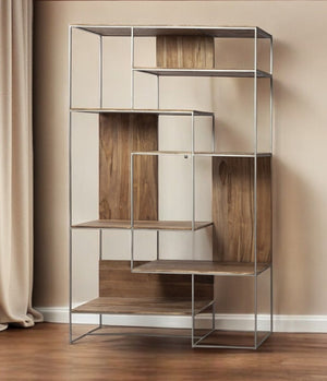 HomeRoots 75" Stylish Brown and Silver Metal Wood Six-Tier Bookcase for Organization in Any Room or Office 380386