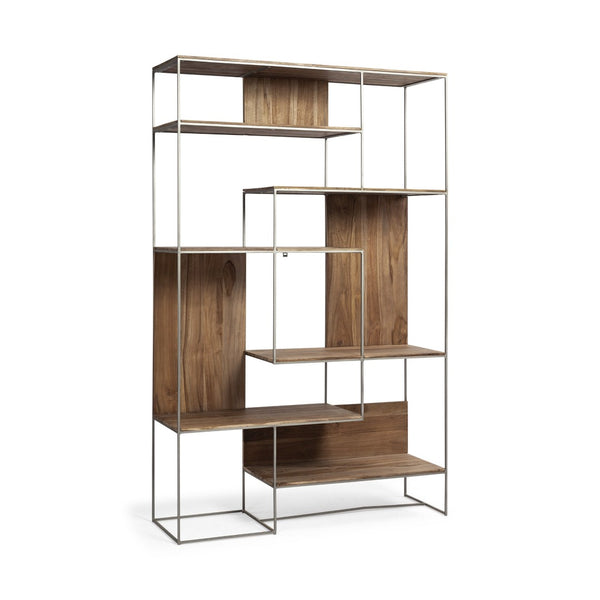 HomeRoots 75" Stylish Brown and Silver Metal Wood Six-Tier Bookcase for Organization in Any Room or Office 380386