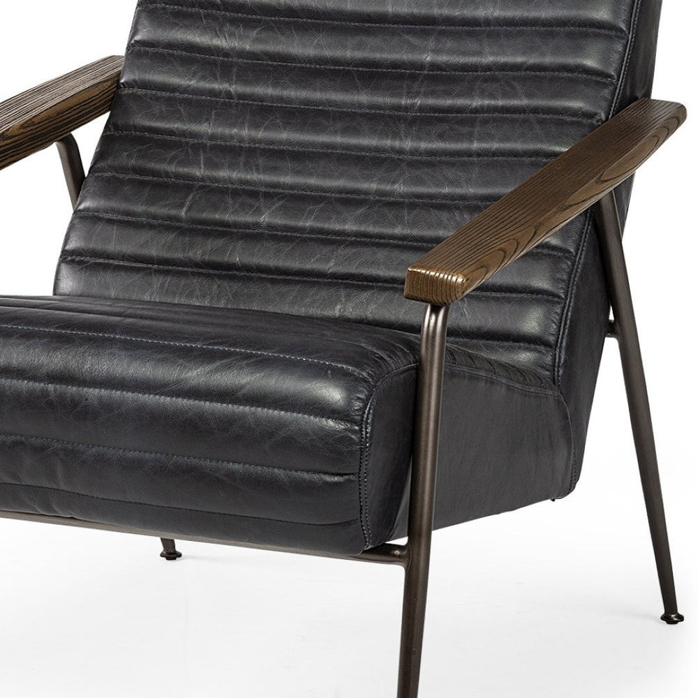 HomeRoots 37" Stylish Black Faux Leather Lounge Chair with Brown Wood Accents - Comfort & Modern Design! 380390