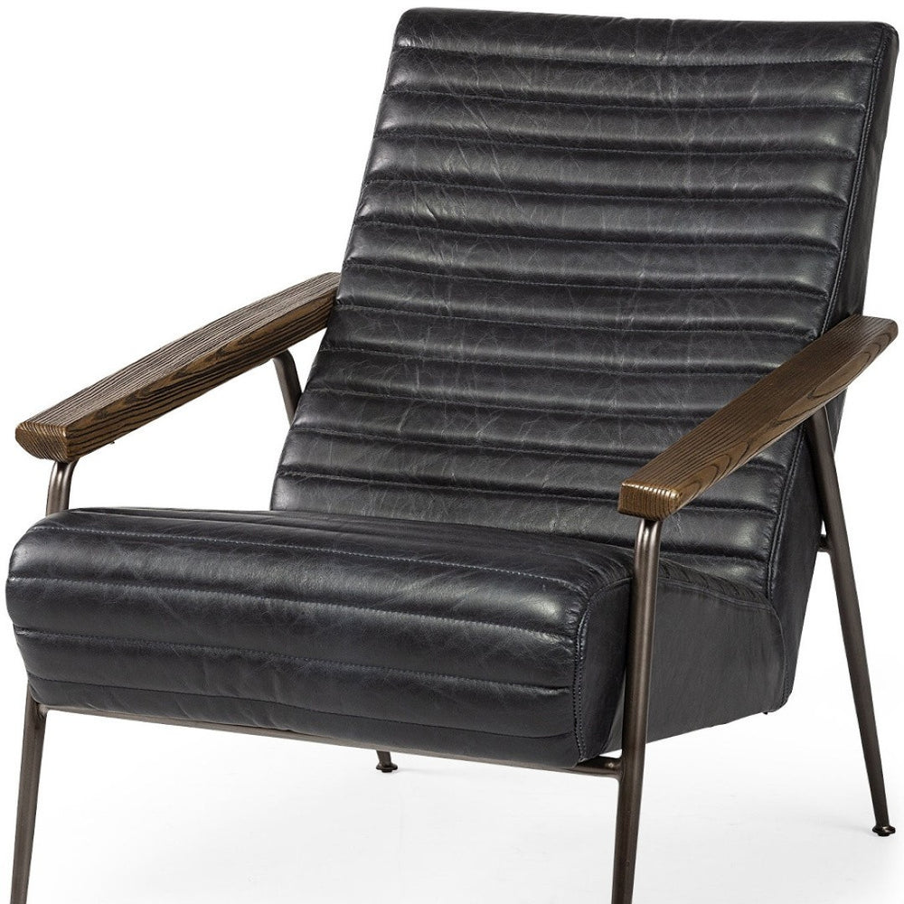 HomeRoots 37" Stylish Black Faux Leather Lounge Chair with Brown Wood Accents - Comfort & Modern Design! 380390