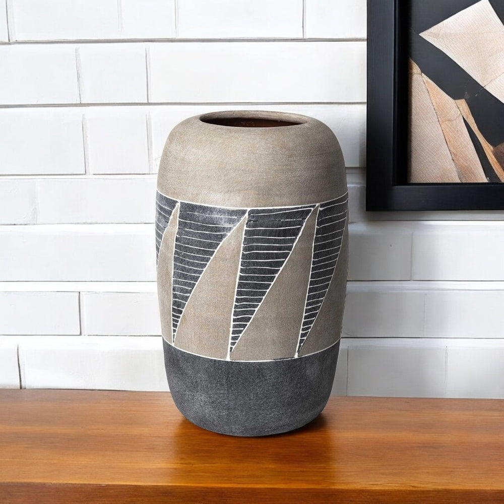 HomeRoots 15" Geometric Ceramic Table Vase in Brown and Gray - Modern Artistry for Stylish Home Decor! 380397