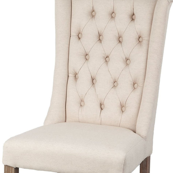 Homeroots Tufted Cream And Brown Upholstered Linen Wing Back Dining Side Chair  Wood 380400