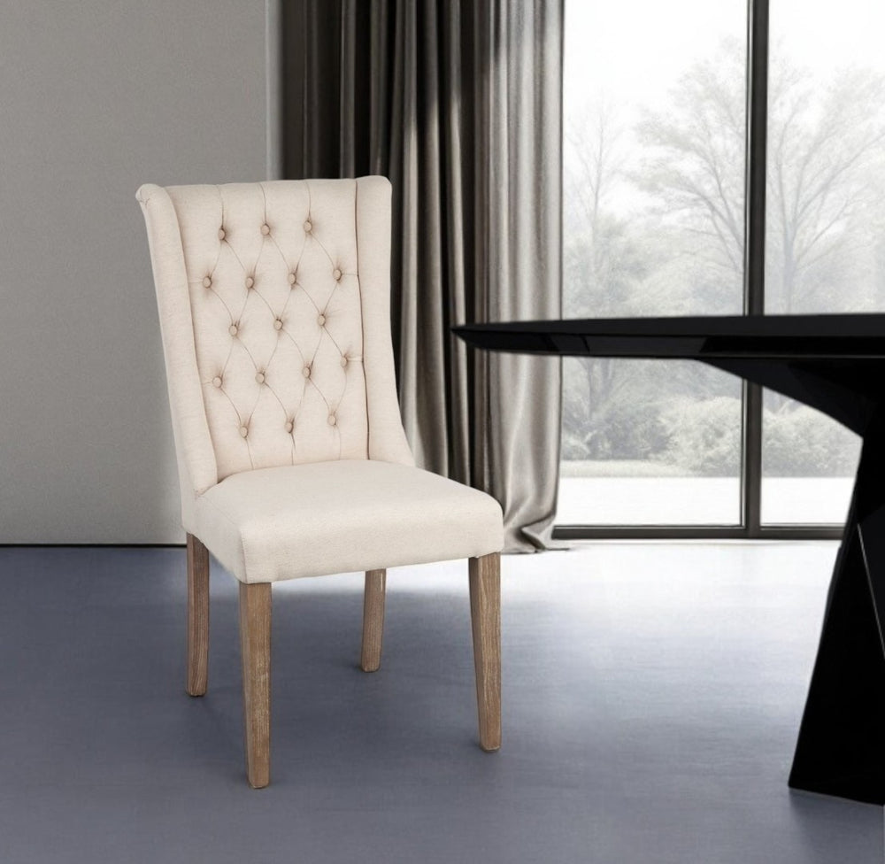 HomeRoots Tufted Cream Linen Wing Back Side Chair with Brown Legs - Elegant Accent for Dining & Living Spaces 380400