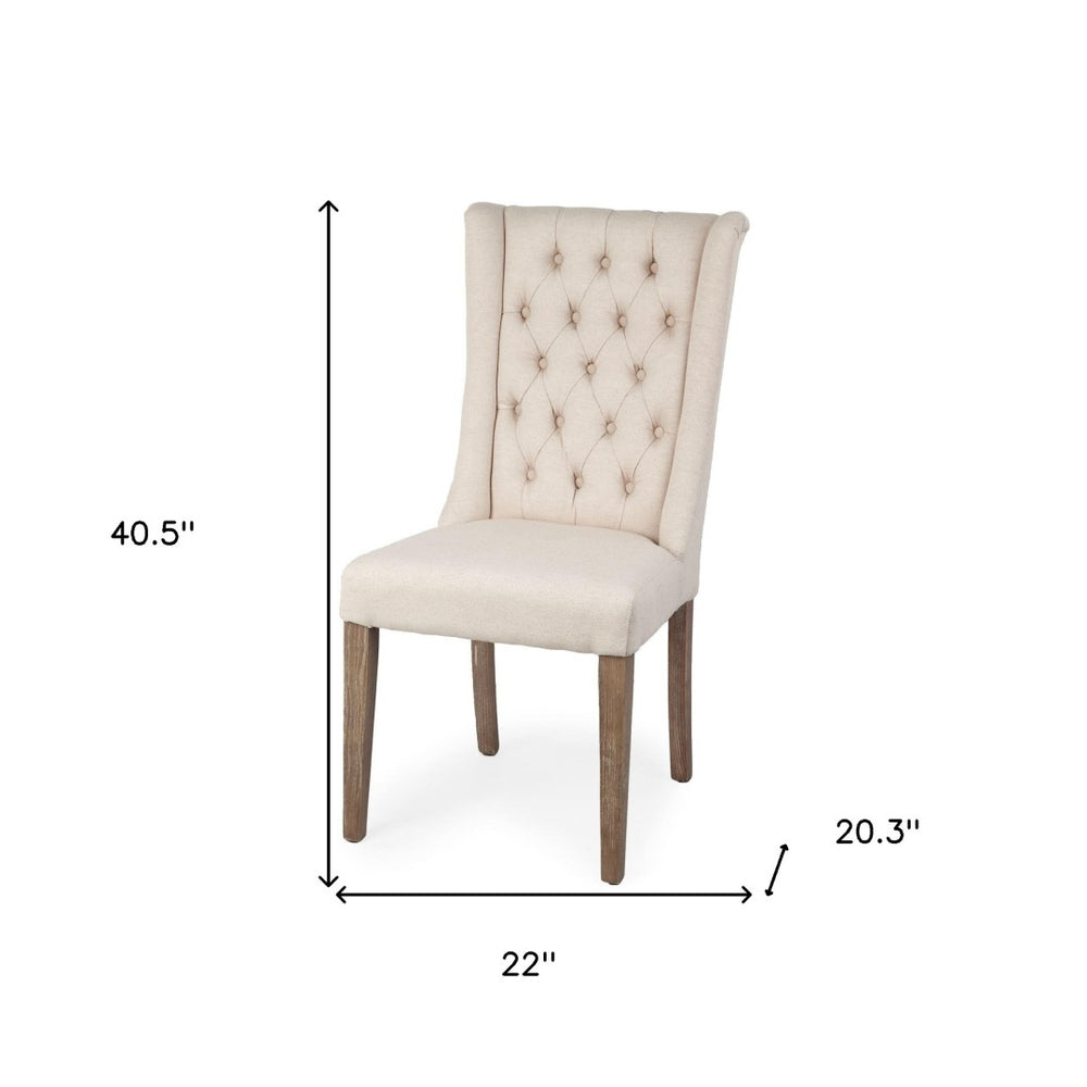 HomeRoots Tufted Cream Linen Wing Back Side Chair with Brown Legs - Elegant Accent for Dining & Living Spaces 380400