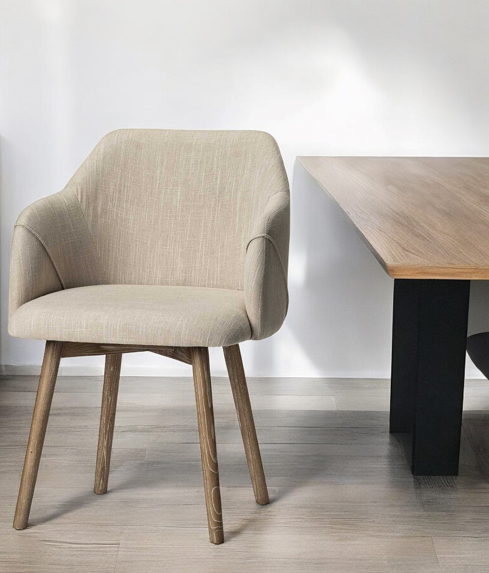 Homeroots Cream And Brown Upholstered Fabric Dining Arm Chair  Wood 380415