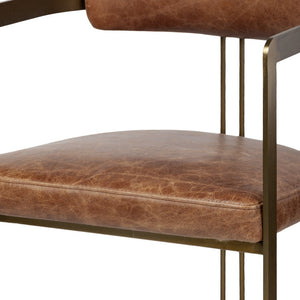 Homeroots Brown And Gold Upholstered Leather Open Back Dining Arm Chair  Metal 380424