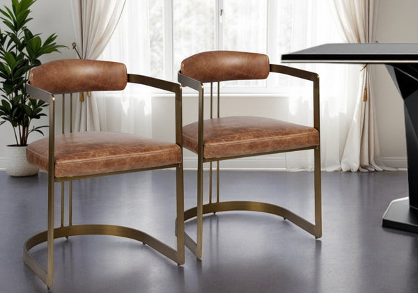 HomeRoots Brown Upholstered Leather Dining Arm Chair with Open Back - Chic Industrial Style in Gold Finish 380424