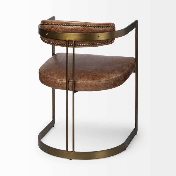 Homeroots Brown And Gold Upholstered Leather Open Back Dining Arm Chair  Metal 380424