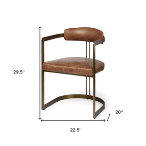 HomeRoots Brown Upholstered Leather Dining Arm Chair with Open Back - Chic Industrial Style in Gold Finish 380424