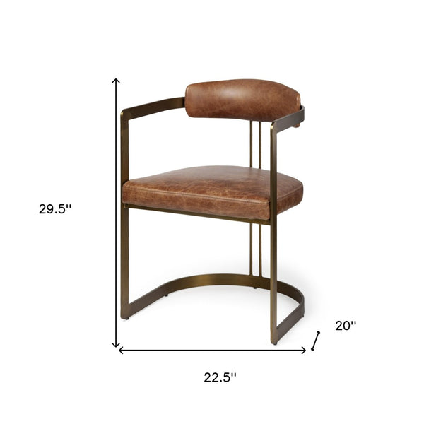 HomeRoots Brown Upholstered Leather Dining Arm Chair with Open Back - Chic Industrial Style in Gold Finish 380424