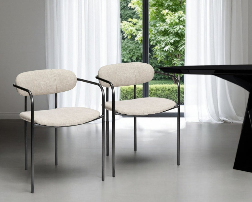 HomeRoots Set of Two Stylish Beige Upholstered Open-Back Arm Chairs with Gunmetal Legs for Modern Spaces 380428