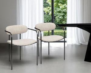 HomeRoots Set of Two Stylish Beige Upholstered Open-Back Arm Chairs with Gunmetal Legs for Modern Spaces 380428