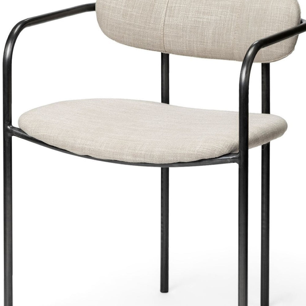 HomeRoots Set of Two Stylish Beige Upholstered Open-Back Arm Chairs with Gunmetal Legs for Modern Spaces 380428