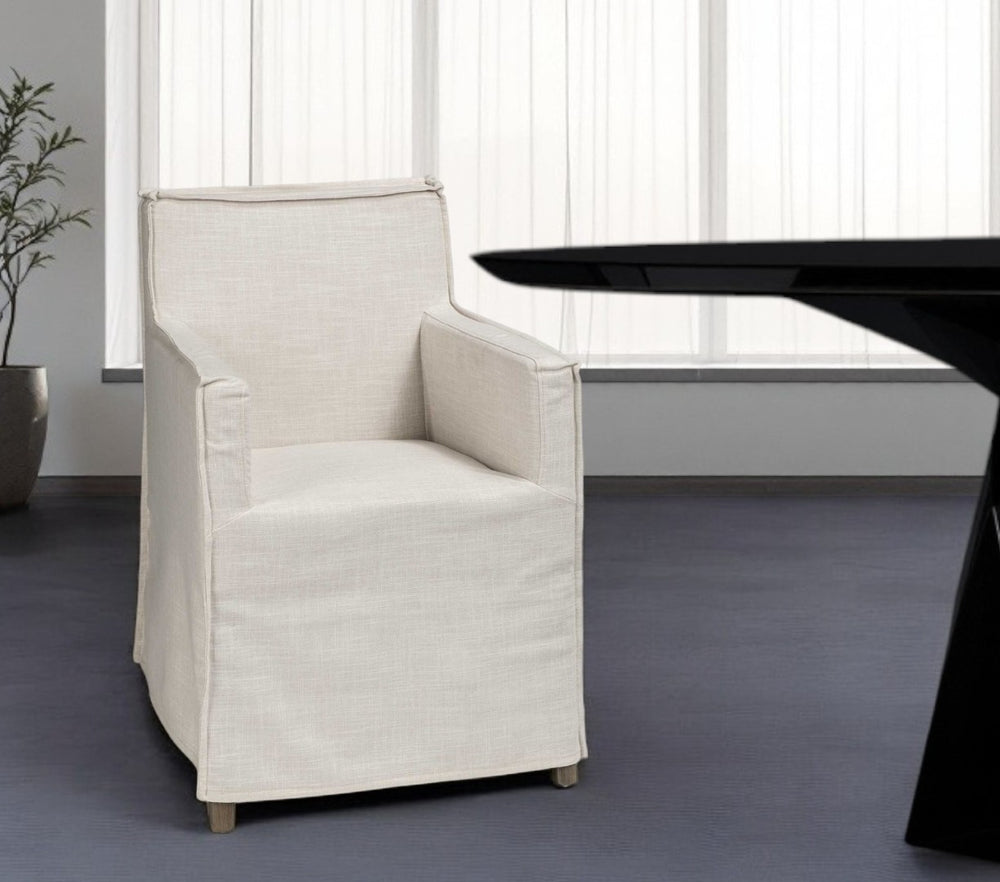HomeRoots Cream Slipcovered Upholstered Dining Arm Chair - Coastal Style, Comfort & Versatile Accent Seating 380442