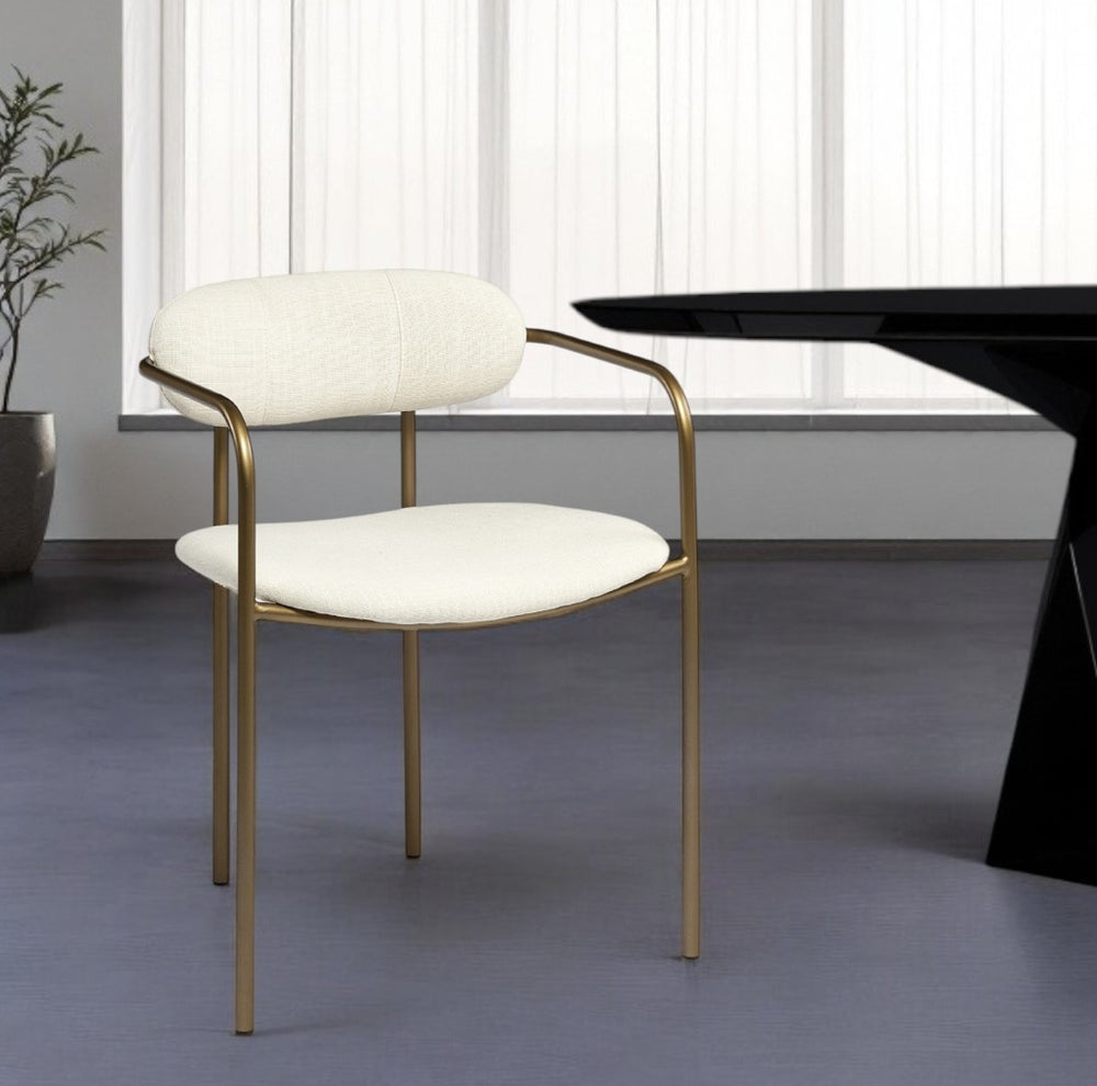 HomeRoots Cream Upholstered Open Back Dining Arm Chair with Gold Legs - Modern Elegance for Any Space 380443