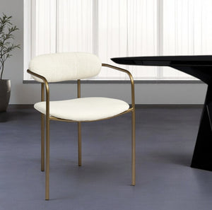 HomeRoots Cream Upholstered Open Back Dining Arm Chair with Gold Legs - Modern Elegance for Any Space 380443