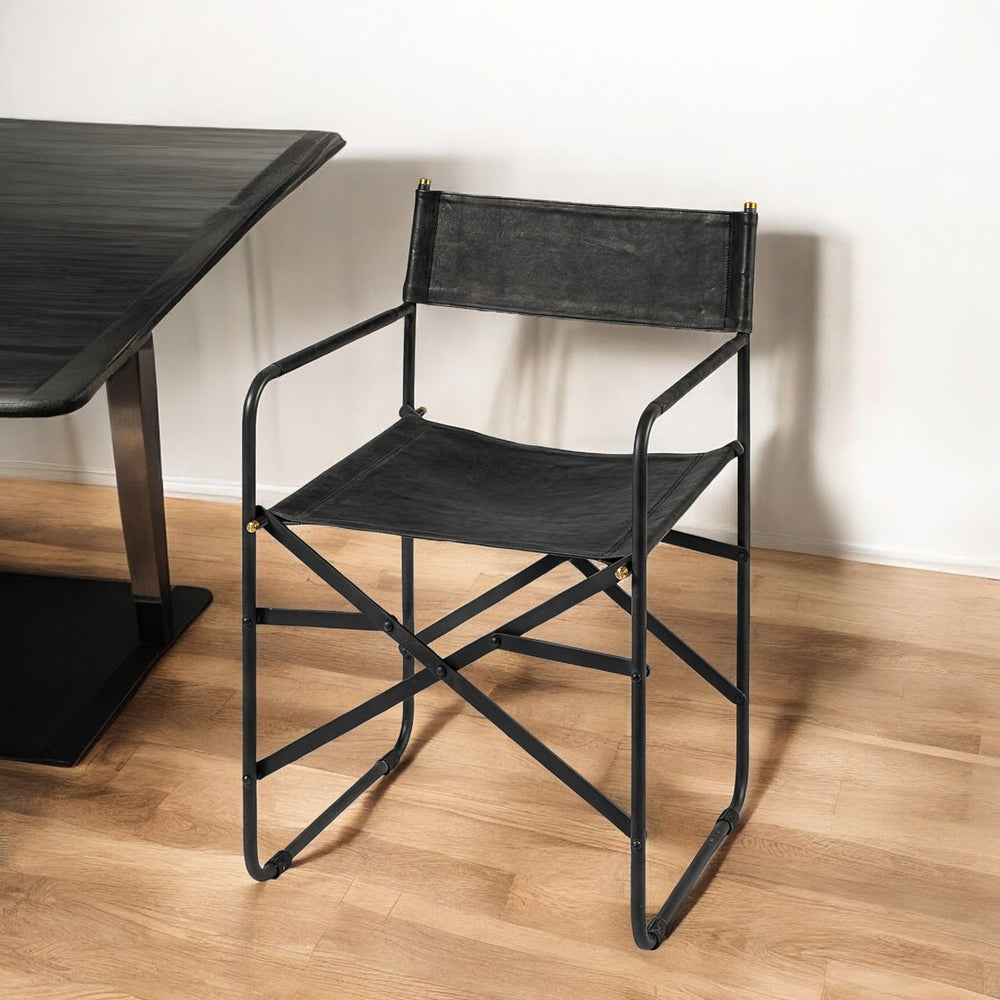 Homeroots Black Leather Metal Open Back Dining Arm Chair  Metal 380448