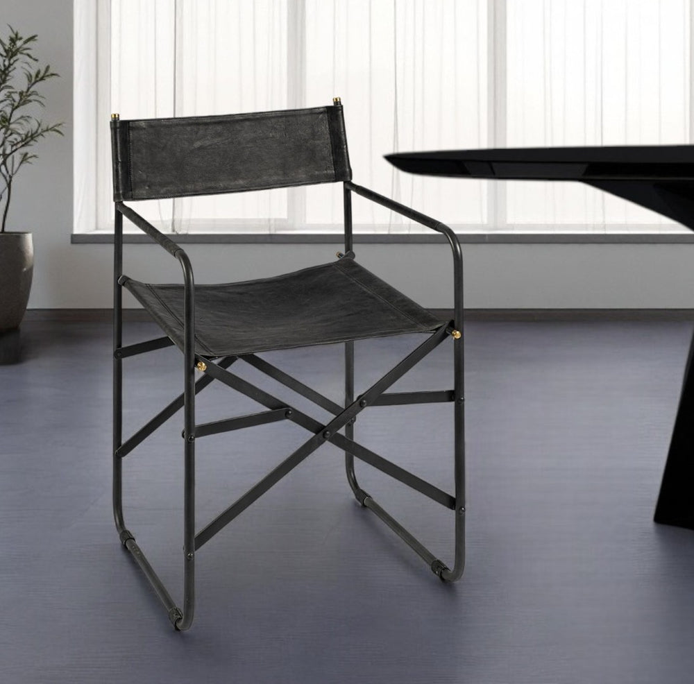 HomeRoots Black Leather Open Back Arm Chair - Modern Comfort with Folding Feature for Dining & Living Spaces 380448