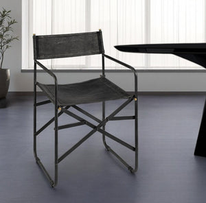 HomeRoots Black Leather Open Back Arm Chair - Modern Comfort with Folding Feature for Dining & Living Spaces 380448
