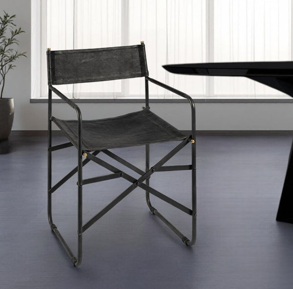 HomeRoots Black Leather Open Back Arm Chair - Modern Comfort with Folding Feature for Dining & Living Spaces 380448