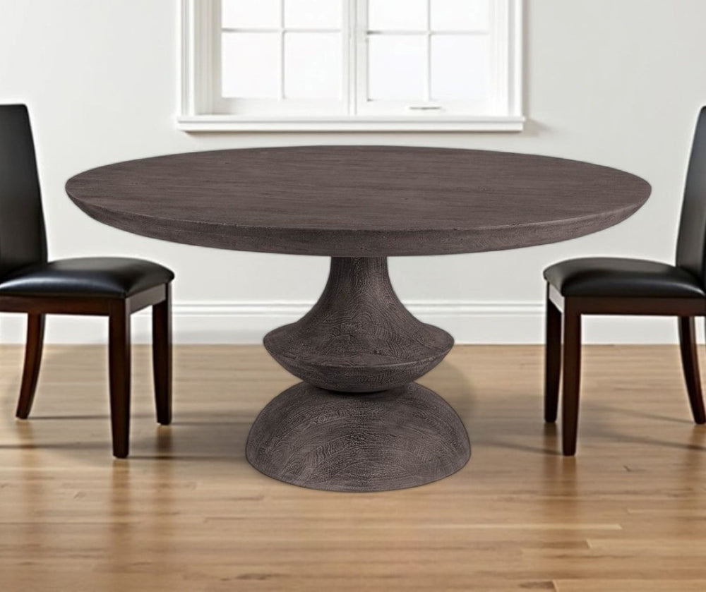 HomeRoots 60" Gray Round Solid Wood Dining Table with Pedestal Base - Modern Design for Cozy Gatherings 380457