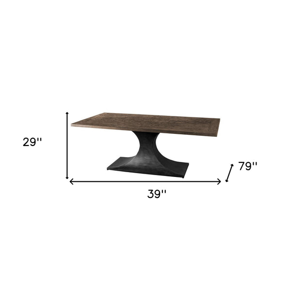 Homeroots 79" Brown And Black Solid Wood And Metal Pedestal Base Dining Table   380462