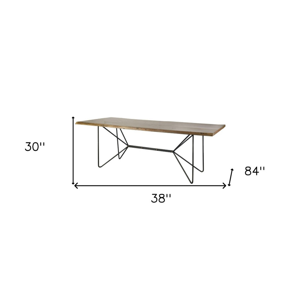 HomeRoots 84" Rustic Two-Tone Solid Wood Dining Table with Black Metal Trestle Base for Modern Spaces 380464