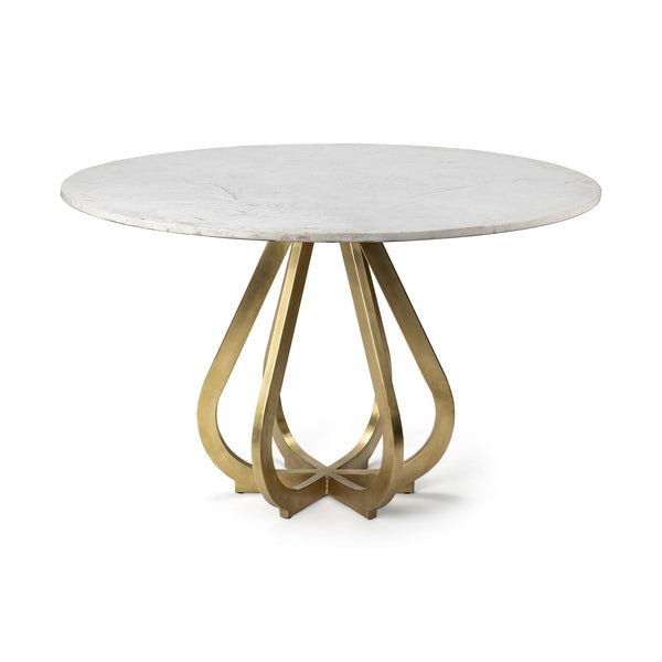 Homeroots 48" White And Gold Rounded Marble And Metal Pedestal Base Dining Table   380467